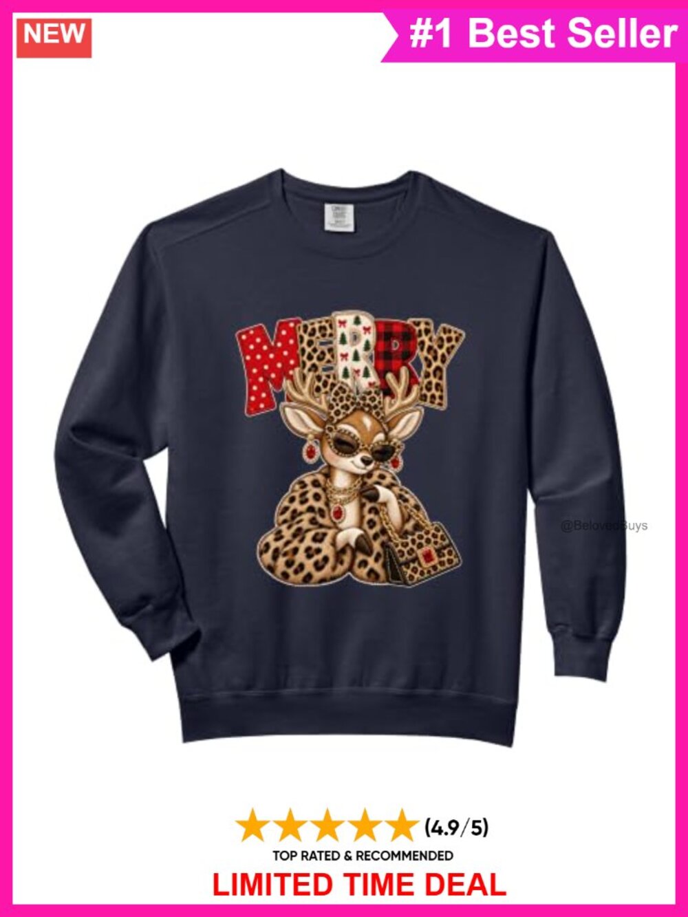 Comfort Colors Leopard Reindeer Christmas Sweatshirt Women Crew Neck Long Sleeve